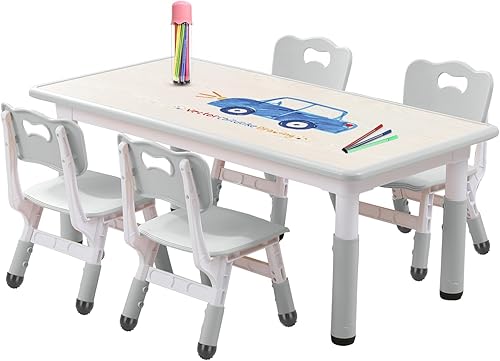 Miniatura 11 de Juego de mesa y silla para niños pequeños, centro de actividades ajustable con patas antideslizantes y superficie a prueba de graffiti de 3 a 12