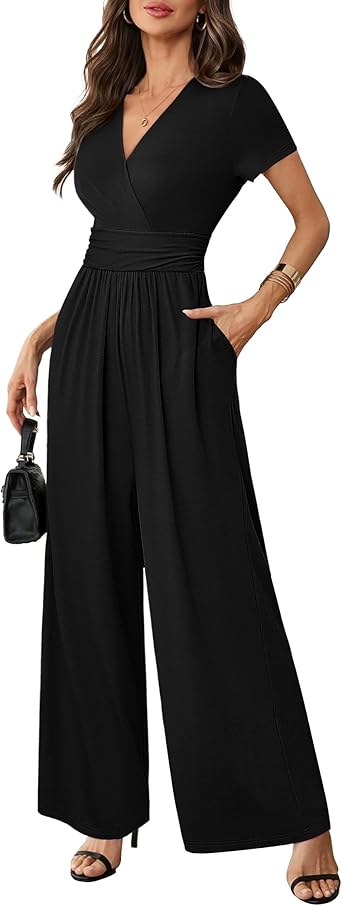 LOOKBOHO Women Casual Summer Jumpsuits Dressy 2026 Short Sleeves Deep V Neck Romper Elegant High Waist Wide Leg Pants Black XL