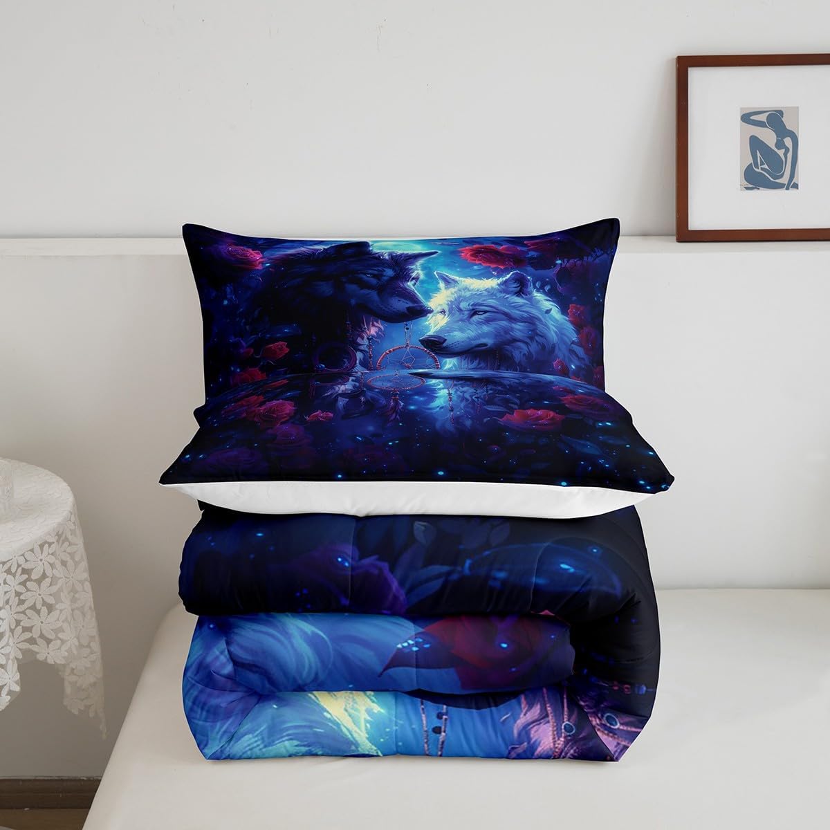 Feelyou Howling Wolf Comforter Set Full Size for Women Adults,Red Rose Wolf Couple Bedding Sets,Boho Dreamcatcher Comforter Set,Galaxy Moon Wolves Duvet Set 3 Pieces, 1 Quilt and 2 Pillowcases