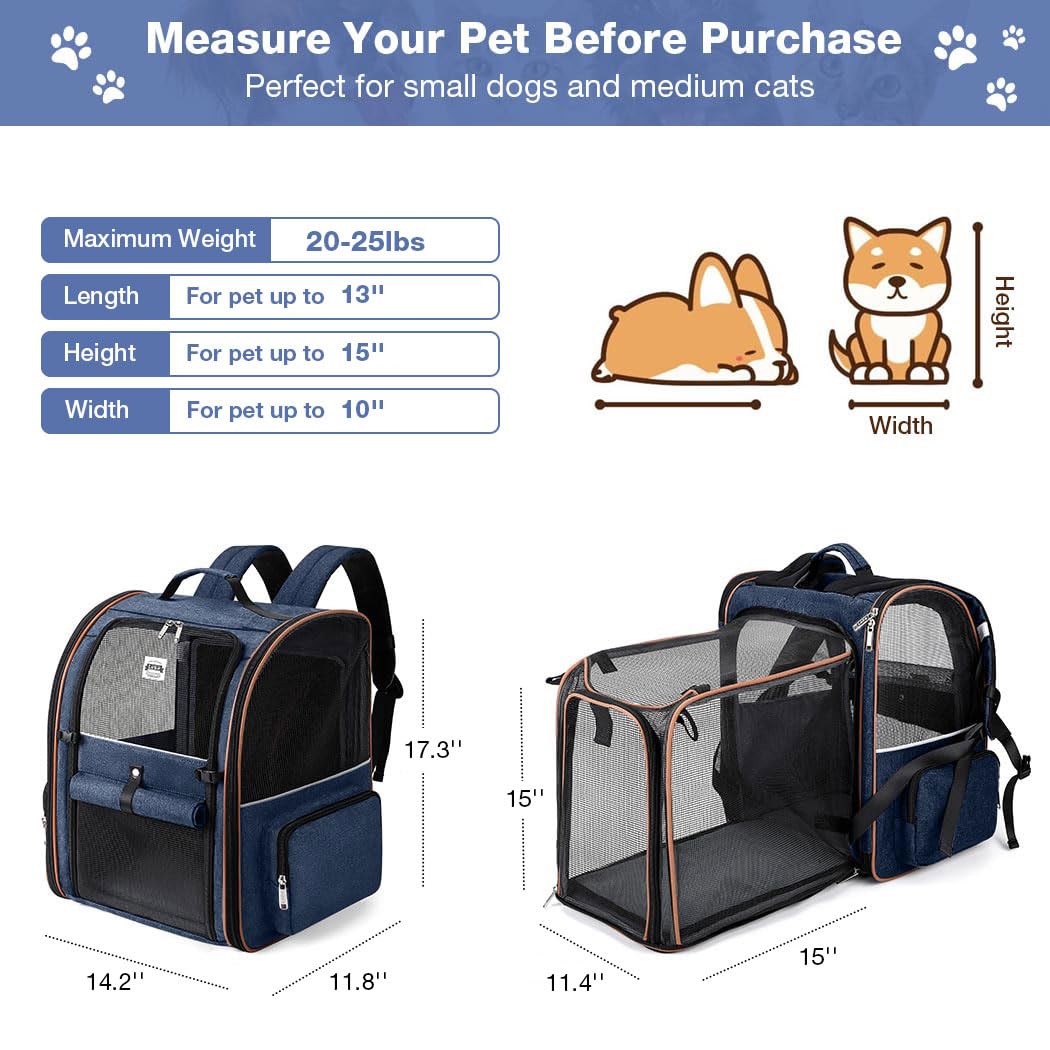 Extra großer Katzenrucksack, erweiterbar, Haustier-Tragetasche, Rucksack für kleine Hunde, mittelgroße Katzen, passend für bis zu 8,2 kg, Hunderucksack, faltbar, für Reisen, Wandern, Blau