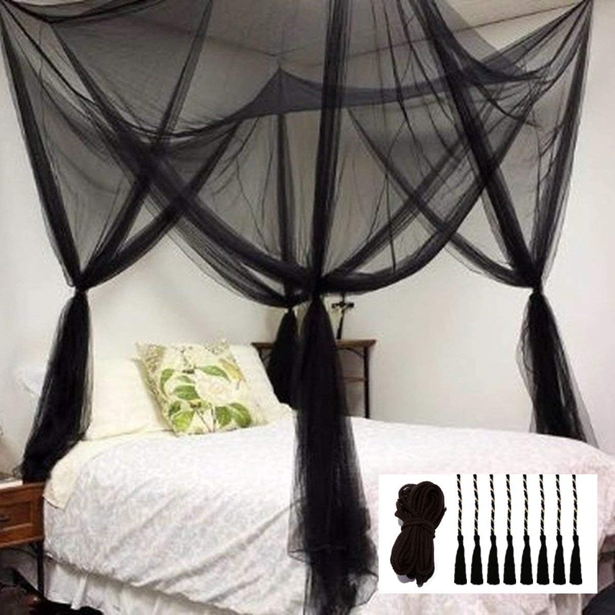 Mosquito Net for Bed, 4 Corner Post Curtains Bed Canopy Elegant Mosquito Net Set, Stick Hook &Profession Rope for net, Easy Installation for Travel and Home (Black)