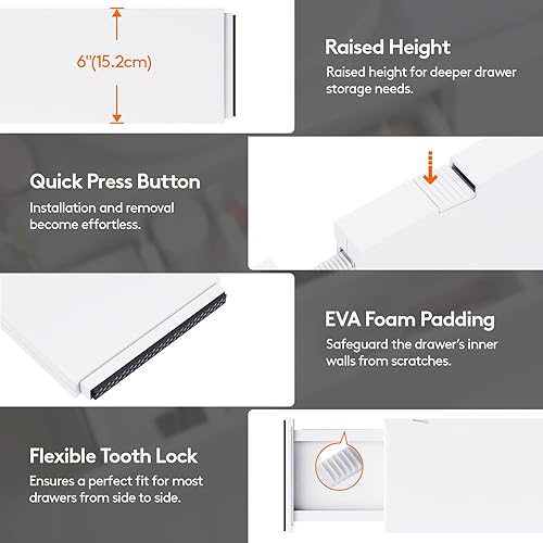 Miniatura 6 de Lifewit Paquete de 8 separadores de cajones de plástico de 6 pulgadas de alto, 13.5-22 pulgadas de alto, organizadores de cajones ajustables para