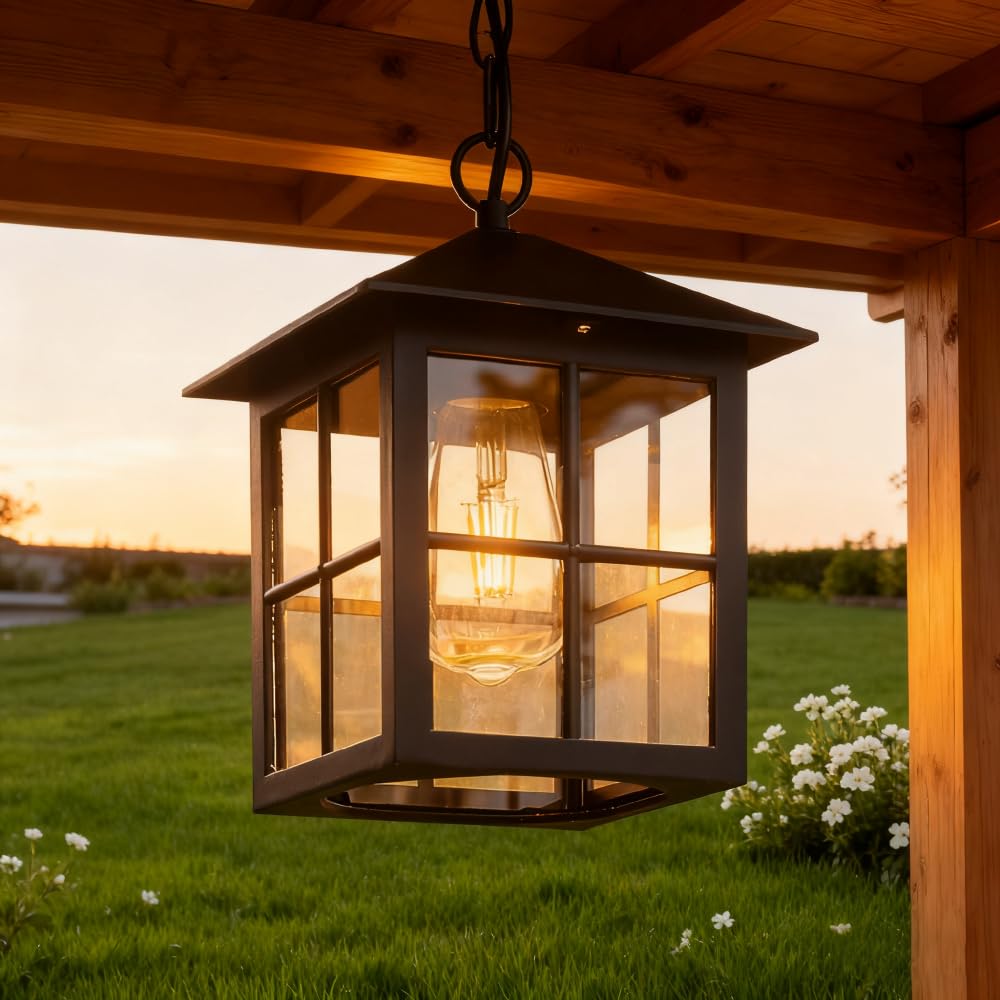 LYMSXAZOU Vintage Outdoor Hanging Lantern Light Weatherproof Pendant Lamp with Clear Glass for Patio Porch Garden & Deck – Rustic Farmhouse Ceiling Fixture (DD-B)
