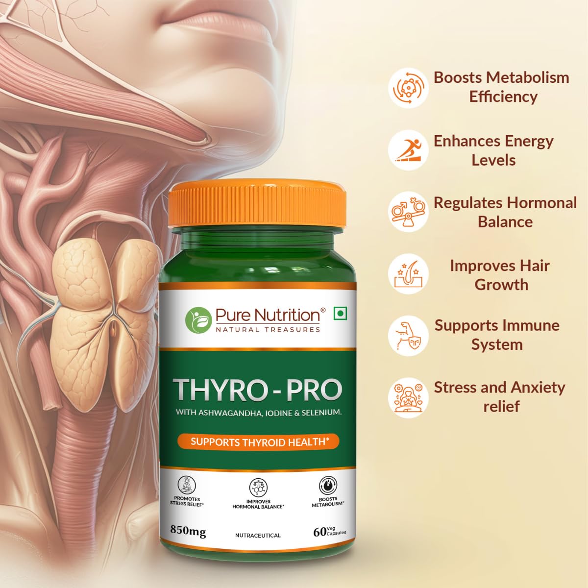 Pure Nutrition Thyro Pro - 60 Veg Capsules | With Ashwagandha, Iodine & Selenium | Supports Thyroid Function, Balances Hormones| Promotes Overall Wellness - Image 2 thumbnail