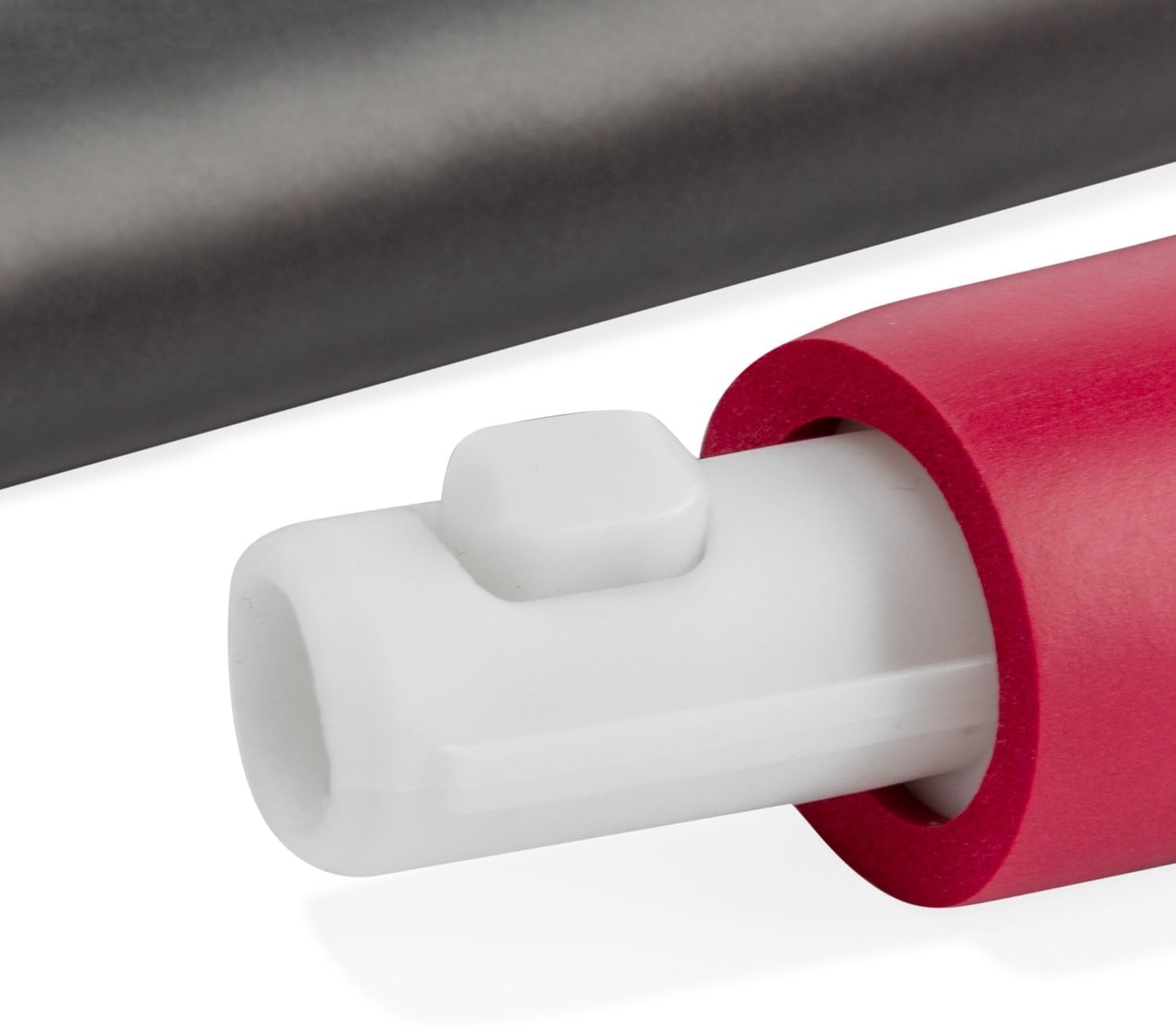 Close-up of the male end of a hoop segment with the white locking button