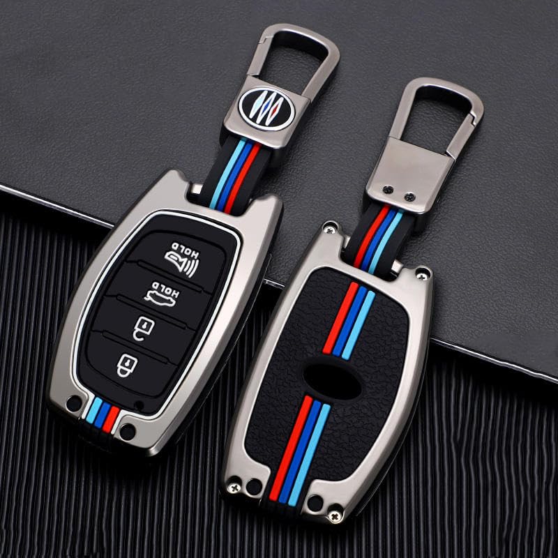 Image of KMH Metal Car Key Cover Compatible with Hyundai Alcazar Creta 2022 Venue i20 Tucson Elantra Model Smart keycover with Keychain 4 Buttons Key Shell Case Holder Protector (Metallic) Pack of 1