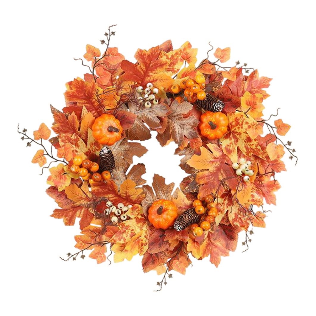 Veesper Fall Wreath with Pumpkin Berry Maple Leaf Pinecone Autumn Harvest Garland Halloween Thanksgiving Door Window Decorations Rustic Seasonal Hanging Decor