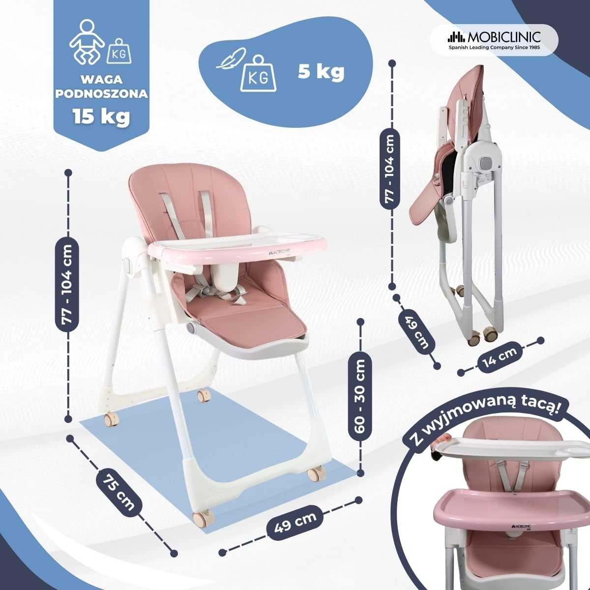Mobiclinic®, Wysokie krzesełko dla dziecka, Evolutive, Dodatkowe składanie, Możliwość przekształcenia w krzesełko, Simba, 5-punktowe, Kółka z hamulcami, Podwójna wyjmowana tacka