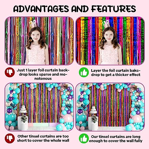 Image of Voircoloria 4 Pack 3.3x8.2 Feet Rainbow Foil Fringe Backdrop Curtains, Tinsel Streamers Birthday Party Decorations, Fringe Backdrop for Graduation, Baby Shower, Gender Reveal, Disco Party