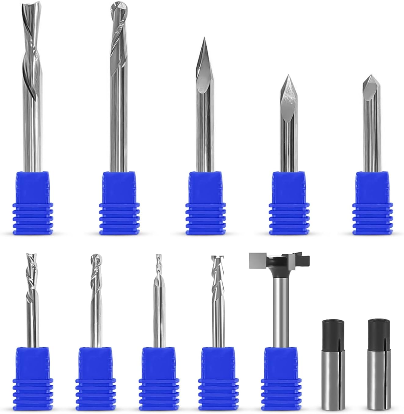 Complete Set of Essential CNC Router Bit Set, 9 Router Bits with 1/4-inch Shank, 2 Reducing Collets, 1 Surfacing Bit, Wood Carving Profile, V- Bits Solid Carbide | 1/4 Router Bit Set