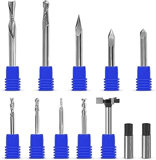 Complete Set of Essential CNC Router Bit Set, 9 Router Bits with 1/4-inch Shank, 2 Reducing Collets, 1 Surfacing Bit, Wood Carving Profile, V- Bits Solid Carbide | 1/4 Router Bit Set