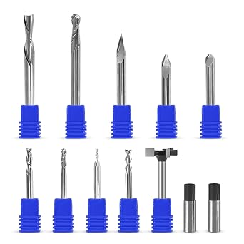 Complete Set of Essential CNC Router Bit Set Kit, 9 Router bits with 1/4inch Shank, 2 Reducing Collets, 1 Surfacing bits, V Groove Engraving Solid Carbide,Complete CNC Router Bit Set