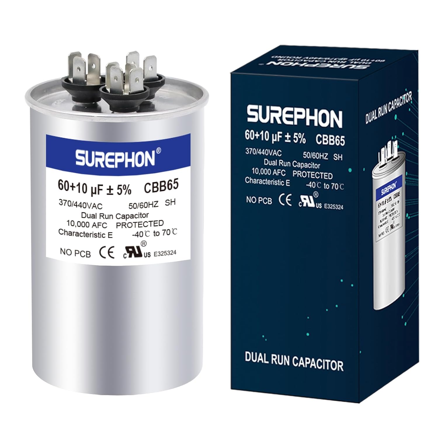 60+10 uF 60/10 MFD ±5% 370V/440VAC Dual Run Start Capacitor CBB65B Works for AC Unit Fan Motor Start or Heat Pump or Condenser Straight Cool
