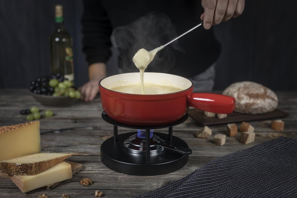 Kuhn Rikon 32236 Fondue au Fromage Set en Fonte 24cm, Fonte, Rouge, 34 x 26 x 23 cm