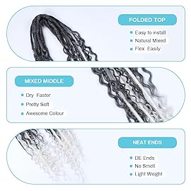 Sangtok Double Ended 3 in 1 Dreadlock Extensions, 24 inch 15pcs Grey to White Mixed Dreads Extensions Set DE Dreads with Curly Dreadlocks for White Women