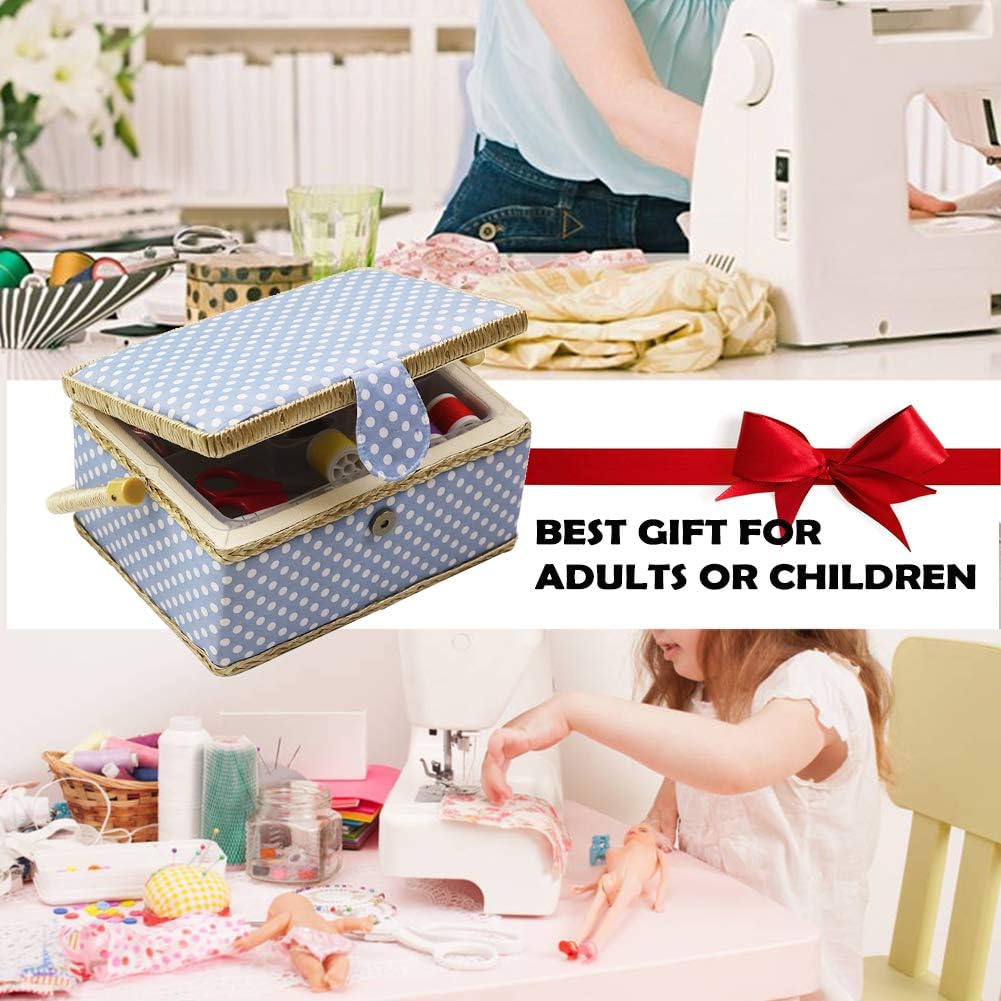 Sewing Box with Sewing Kit Accessories, D&D Wooden Sewing Basket Organizer with Accessories for Home, Travel, Blue Polka Dot