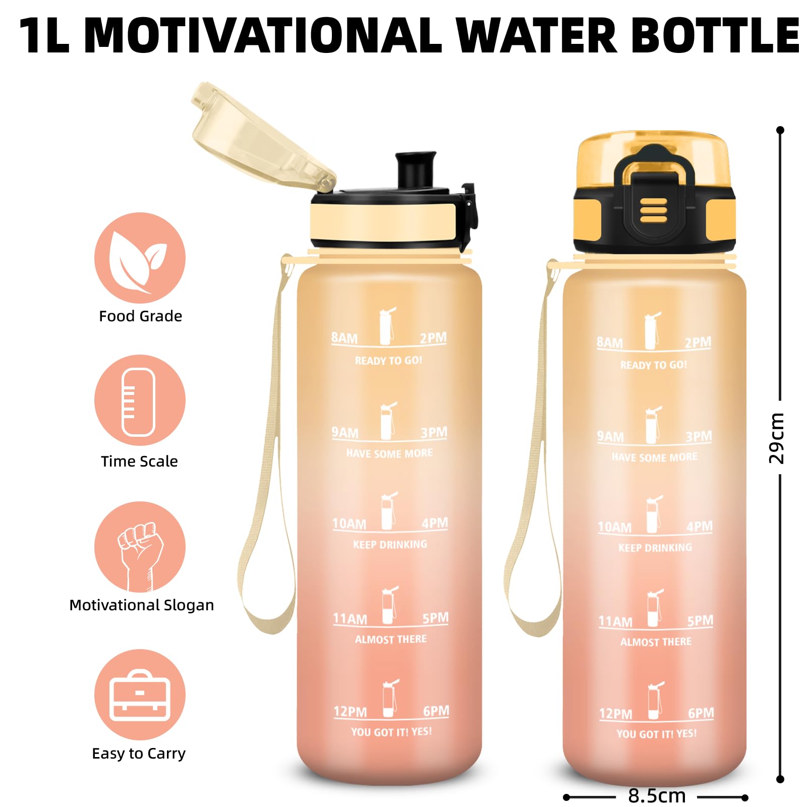 Borraccia 1 litro, Borraccia Palestra, Borraccie Senza Perdite, Bottiglia Motivazionale, Facile da Trasportare, Borraccie Orari, Borracce Graduata, Bottiglia Acqua per Campeggio, Fitness, Viaggio