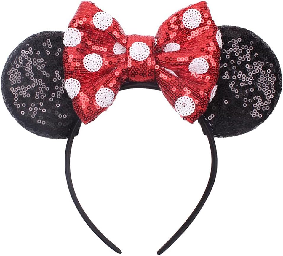 JIAHANG Polka Dot Mic Mouse Ear Headband Hair Bow Headband, Sequin Bow Festival Fashion Hairband Amusement Park Headwear for Women Girls