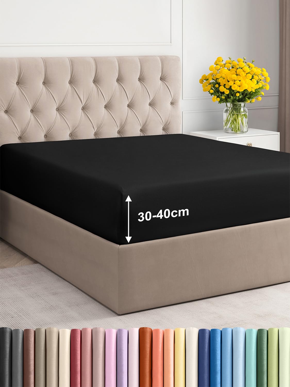 Lenzuolo con angoli 160x200cm - Extra profondo per materassi fino a 40cm (16") di altezza - Morbida microfibra spazzolata - Antipiega, resistente al restringimento e colori - OEKO-TEX - Nero