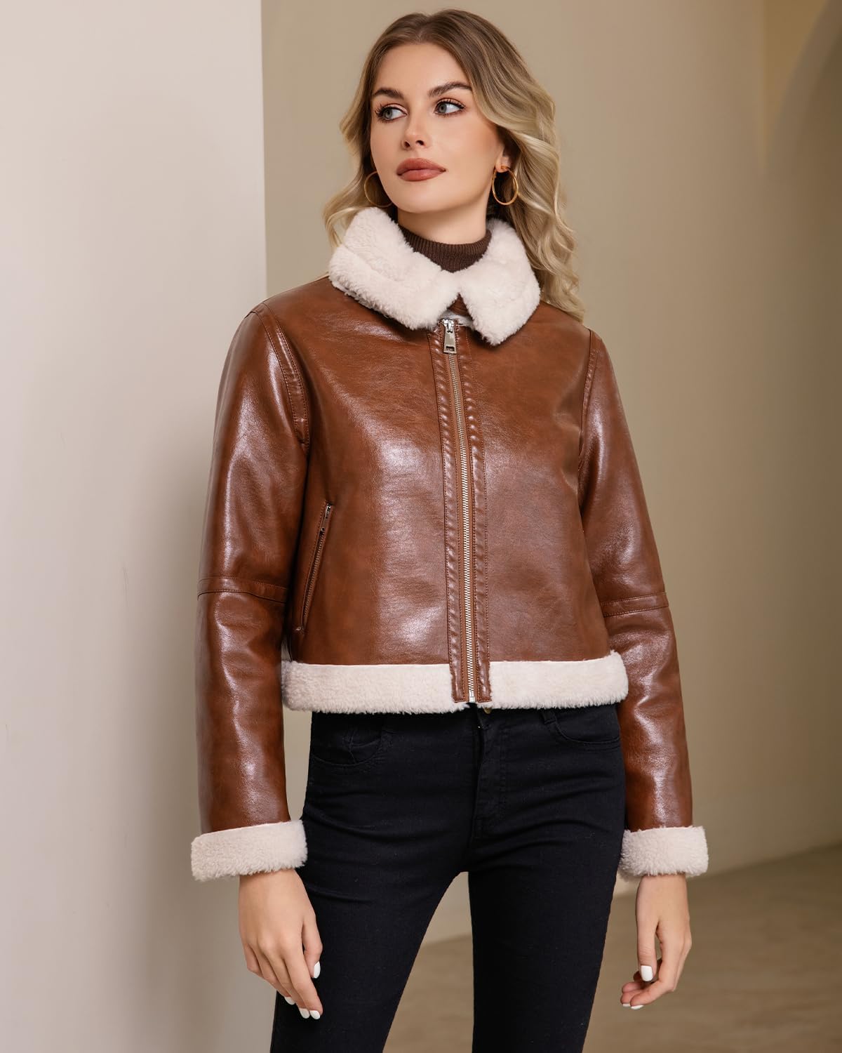 DIASHINY Women Fur Leather Jacket Faux Fur Lined Shearing Cropped Moto Biker Coat - Image 6