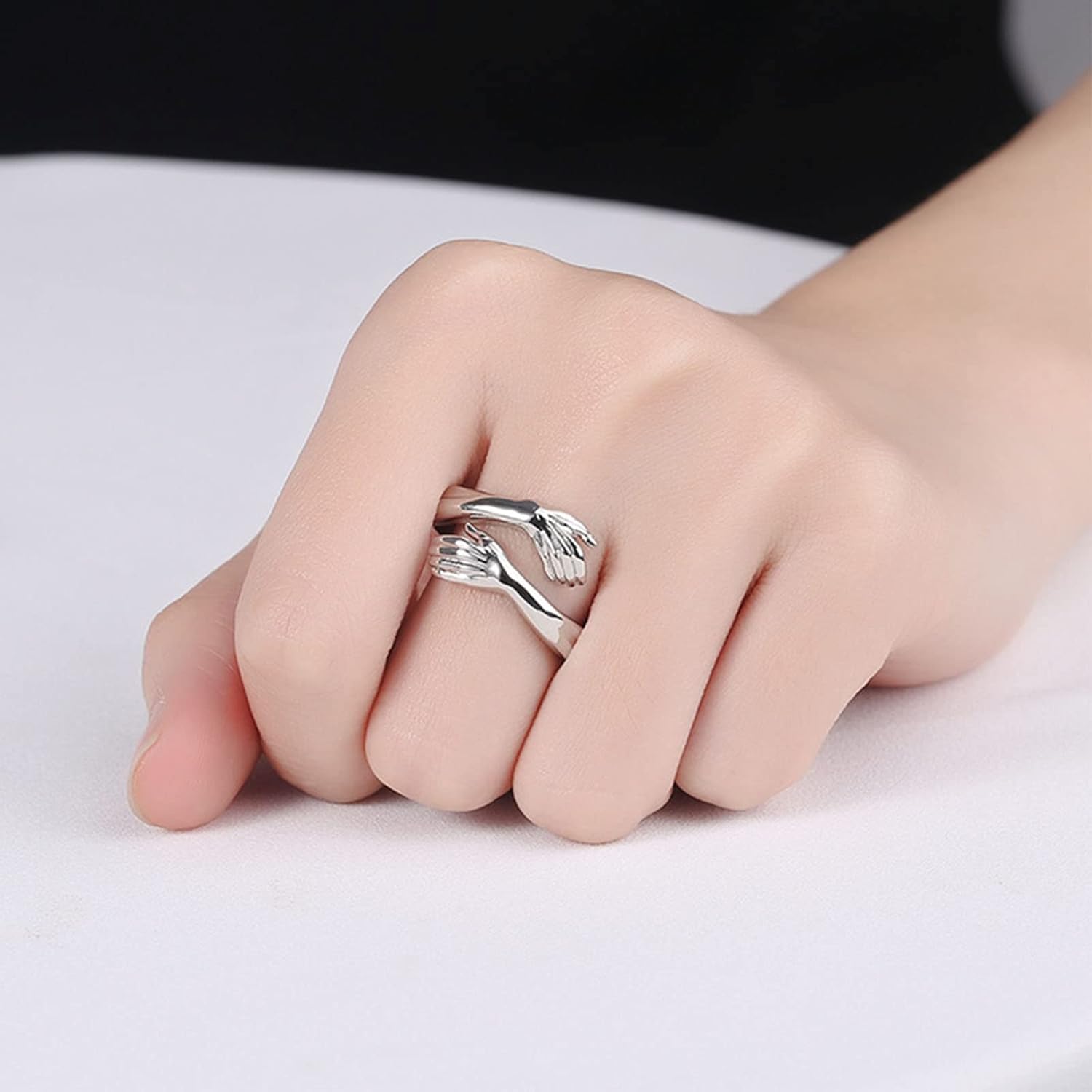 YienDoo Silver Hug Hands Ring Romantic Hug Hands Embrace Finger Band Open Ring for Women - Image 3
