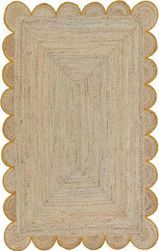 Trademoon Alfombra cuadrada de yute festoneado de alta calidad con borde amarillo de 8 pies | Alfombra festoneada bohemia | Alfombra trenzada natural hecha a mano para sala de estar, dormitorio