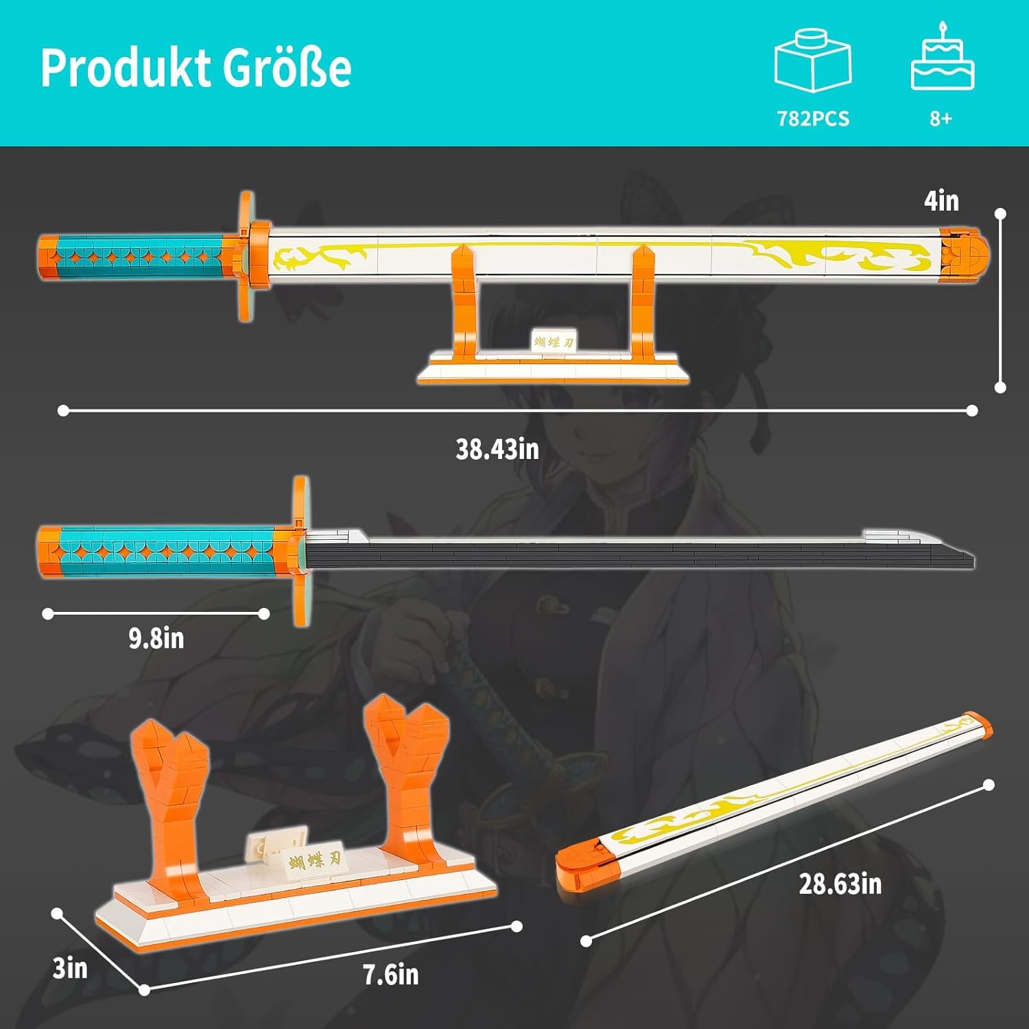 QLT QIAOLETONG Ideas Demon Slayer Sword Cosplay Animes Kochou Shinobu Katana Clamping Blocks Building Blocks Decoration Gift for Adults and Boys from 6-16 with Scabbard Holder (782pcs) - Image 3