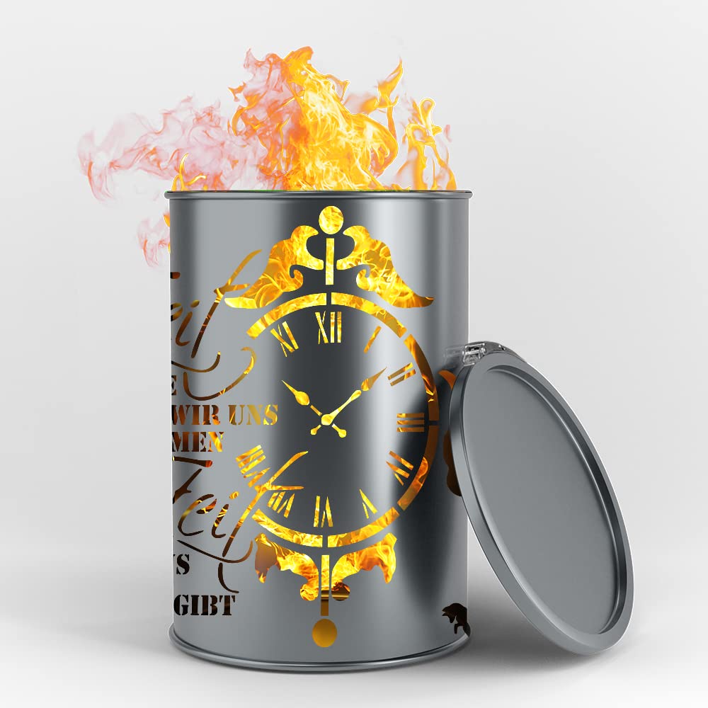 Feuertonne mit Zeit Motiv - Gefertigt aus neuem Ölfass - Besondere Feuerstelle für Garten und Terrasse - Hohe Feuerschale mit Rostoptik - 90 x 60 cm