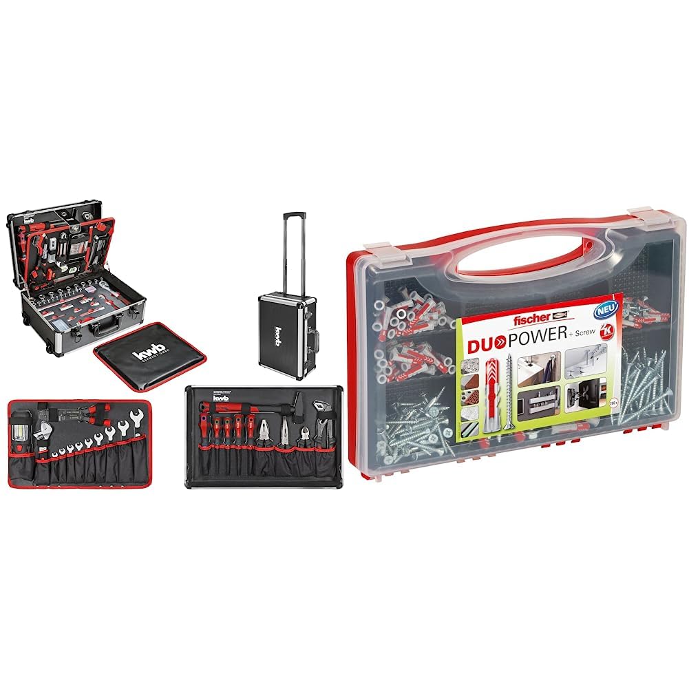 Valise à outils trolley robuste kwb et assortiment Fischer Redbox DuoPower