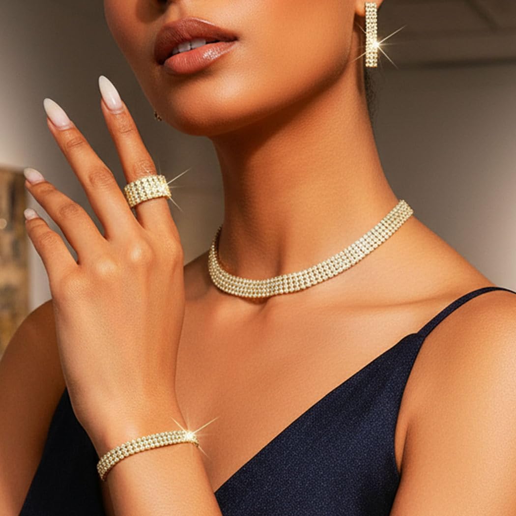 Aukmla Rhinestones Bridal Wedding Jewelry Set Silver Choker Necklaces Earrings Bracelet Ring Sets Prom Jewelry for Women - Image 5