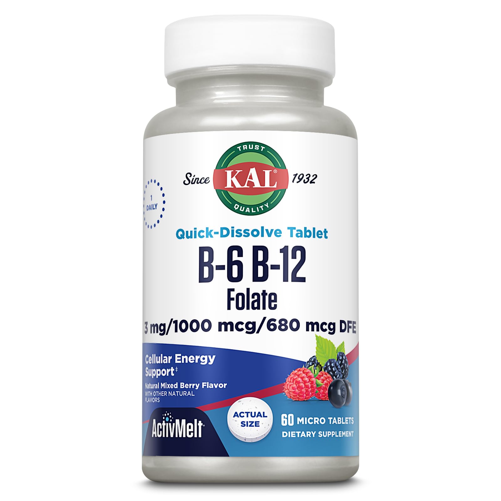 Vitamin B-6, B-12 & Folic Acid Supplement, Heart Health, Energy & Red Blood Cell Support*, with Vitamin B12 Methylcobalamin & Folate, Natural Berry Flavor, 60 Servings, 60 ActivMelt Micro Tablets