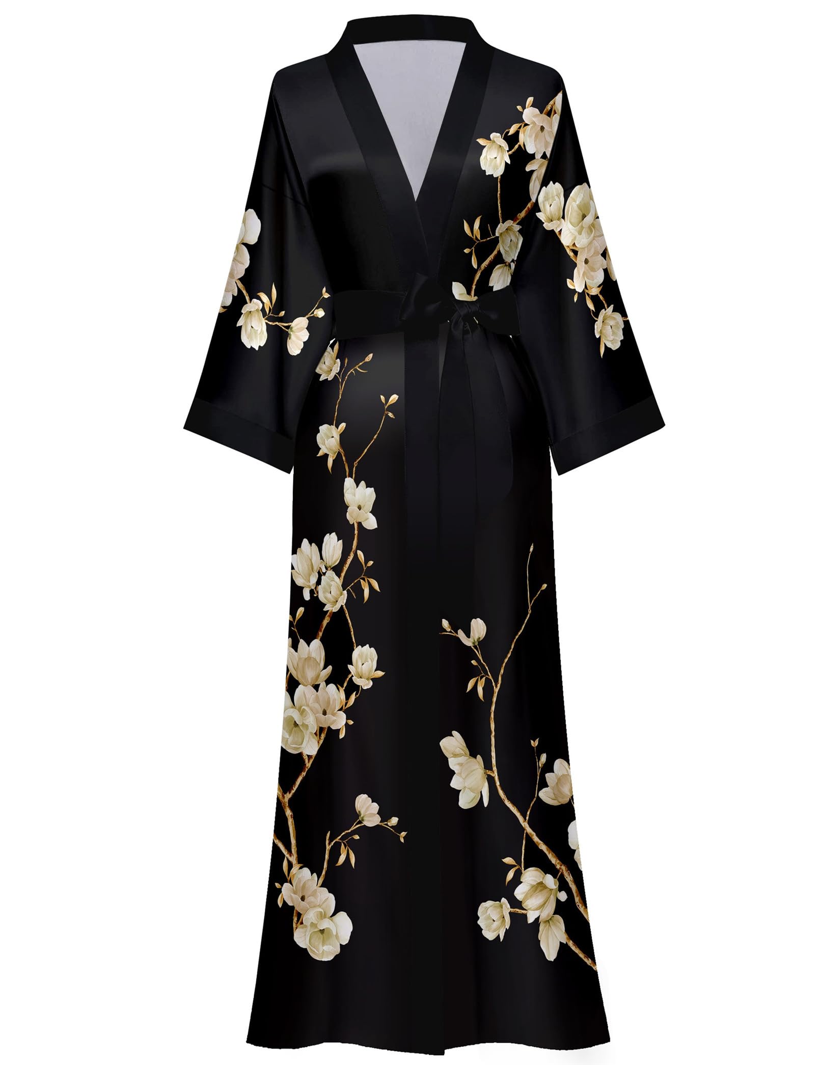 Womens Floral Long Kimono Robe Long Satin Robe Long Silk Robe Ladies Kimonos Silky Bathrobe Cover Up One