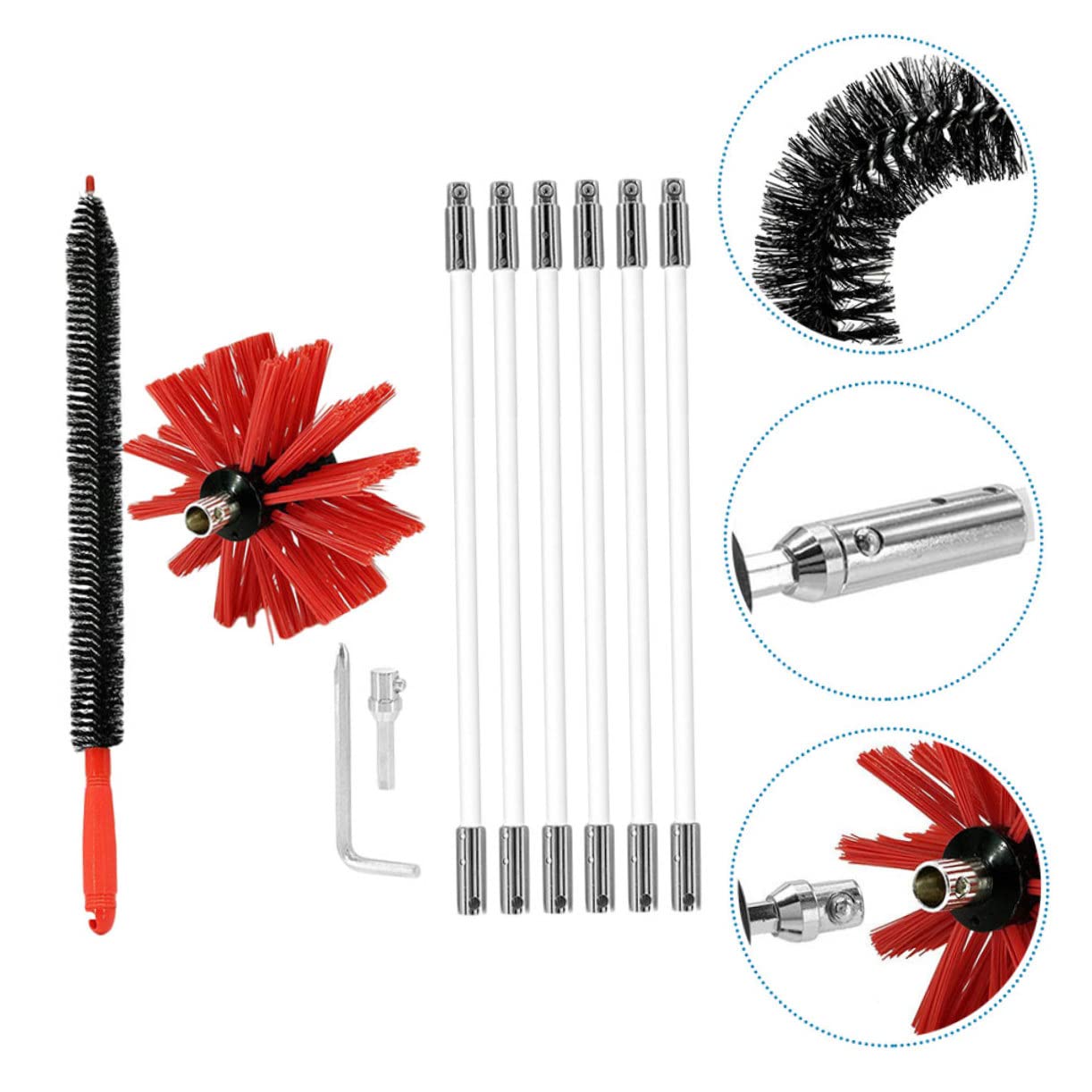 Cepillo para Chimenea 6 Varillas de Nylon Flexible | Kit Limpia Chimeneas, Cabezal y Varillas, Cobertura Ampliada para Conducto Metálico