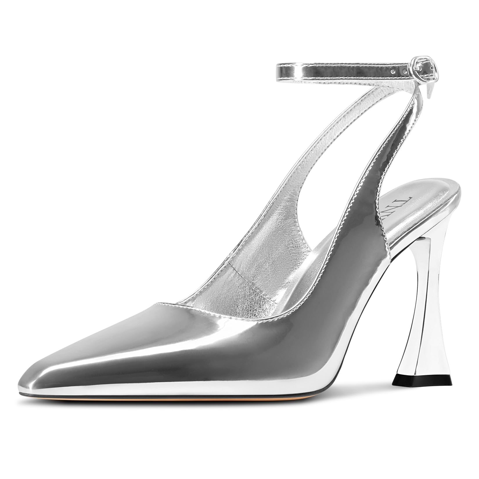 Chunky Block High Heel Square Toe Pumps Ankle Strap Slingback Buckle Prom Wedding Dress Basic Classic Patent Leather 3.7 Inches Heels