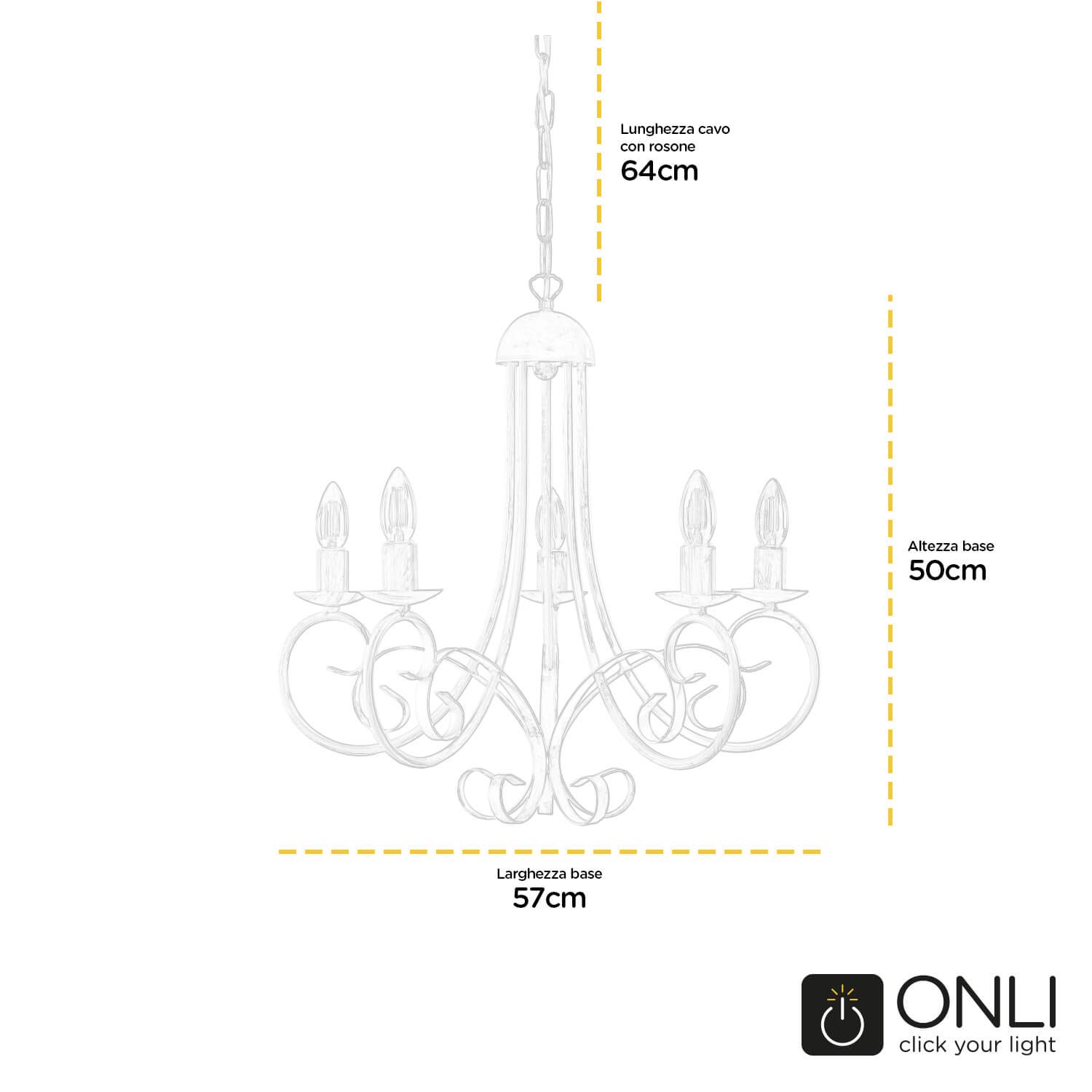 ONLI Pompei - Lampadario 5 luci, stile classico ed elegante. Struttura in metallo. Bianco
