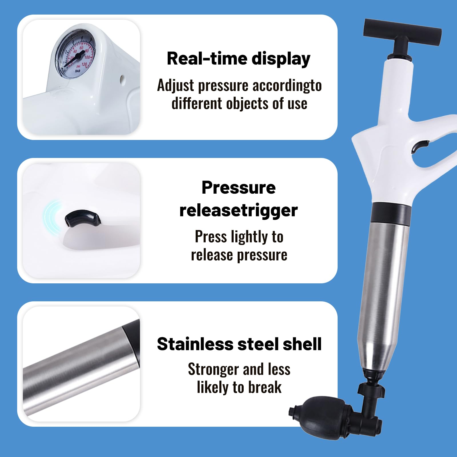 Pompa Stura Scarichi A Pressione - Per WC, Lavandini, Vasche, Con 4 Accessori