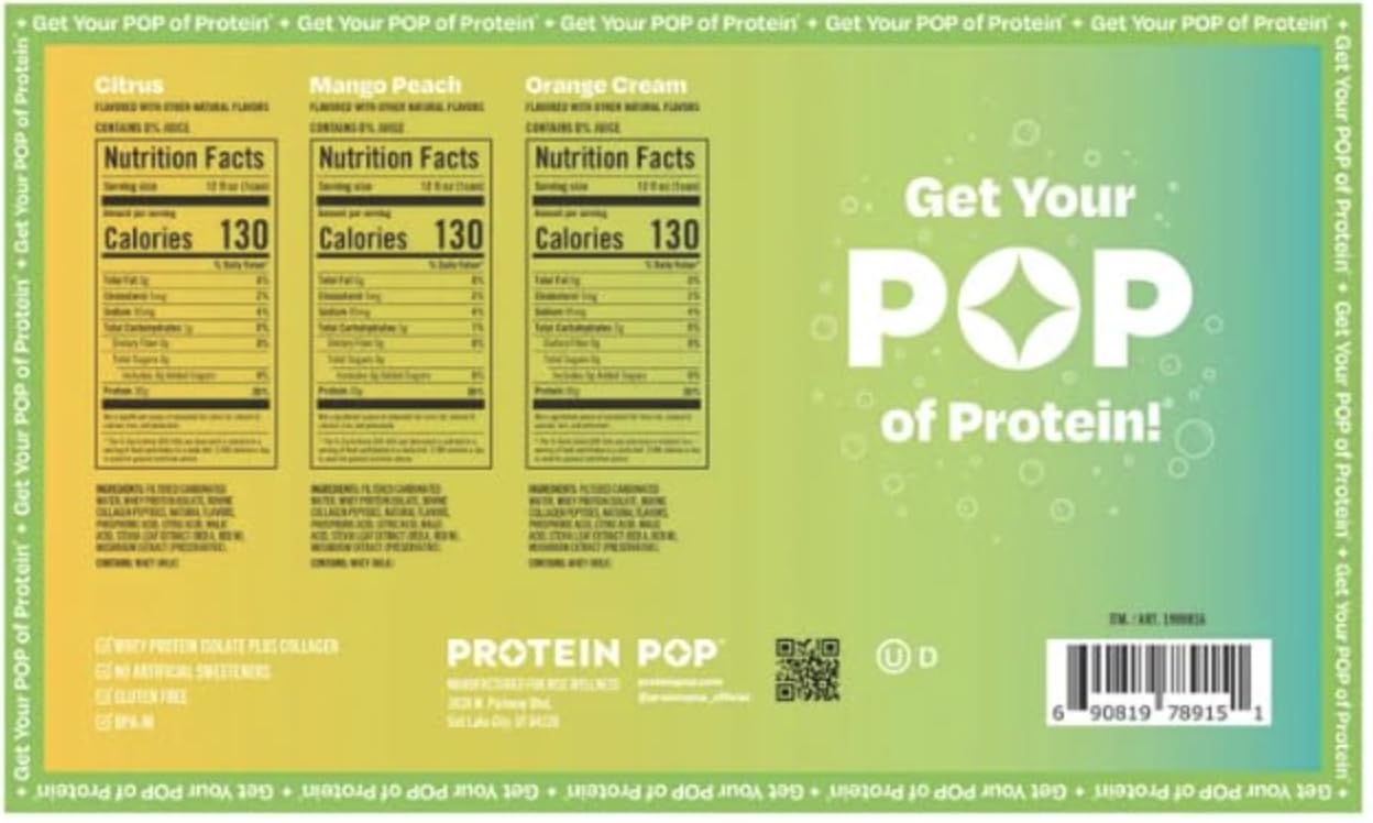 Protein Pop Plus Sparkling Clear Protein Drink Variety Pack, 30g Whey Isolate and Collagen, 0g Sugar, 15 Cans, 12 fl oz