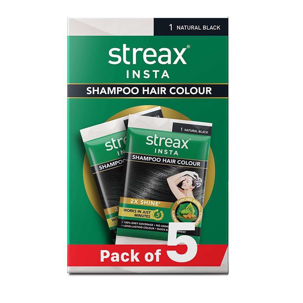 StreaxInsta Shampoo Hair Colour for Women & Men, Natural Black 1 - Pack of 5|Hair Colour Black|100% grey coverage |Long Lasting Hair Color, easy to use| Ammonia Free Hair Color, No Paraben & Sulphate