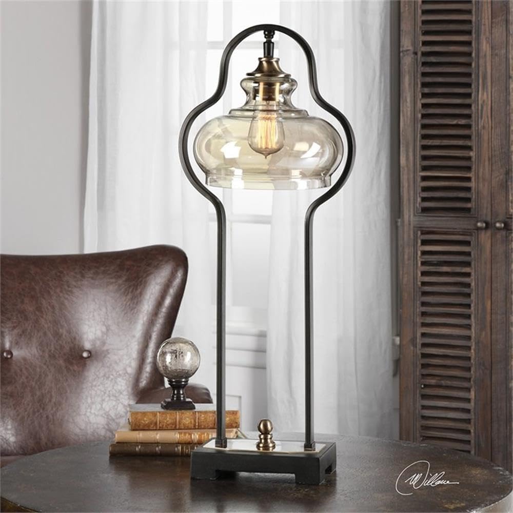 BOWERY HILL Modern Table Lamp, Aged Black and Antique Brass Finish, Metal and Glass, 28.5 in Height, 60W Bulb Included, Curvaceous Design, Amber Shade, Ideal for Living Room, Bedroom or Office