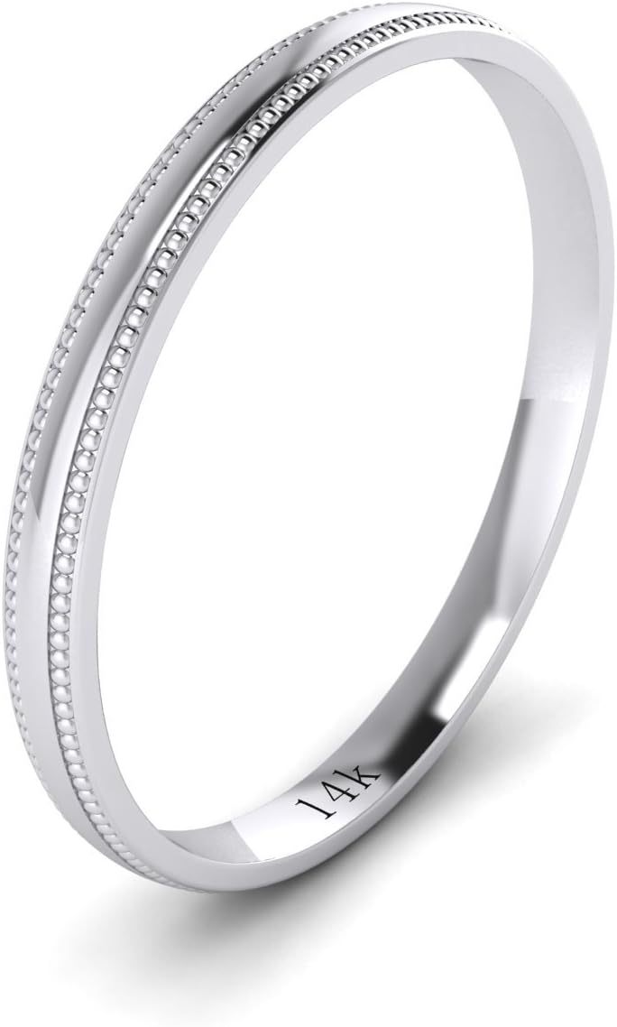 LANDA JEWEL Solid 14k White Rose Yellow Gold 2mm Light Court Shape Comfort Fit Polished Wedding Ring Milgrain Band