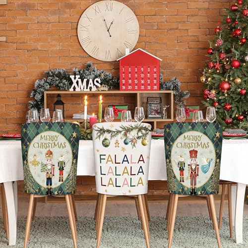 Image of Christmas Chair Covers Set of 6 Green Nutcracker Christmas Tree Chair Back Covers Holiday Dining Chair Slipcovers Protector Kitchen Dining Room Decor Festival Party Decoration