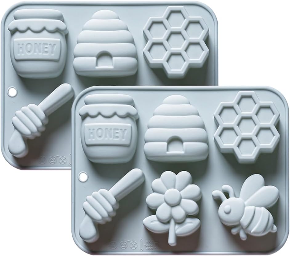 12 Cavities Bee Theme Candy & Chocolate Silicone Molds, Including Bees, Flowers, Beehives, Bee Bottlesnda, Non Stick Baking Mold for Making Birthday Cake, Jelly, Snacks, Cupcake Toppers, 2 Count, Blue
