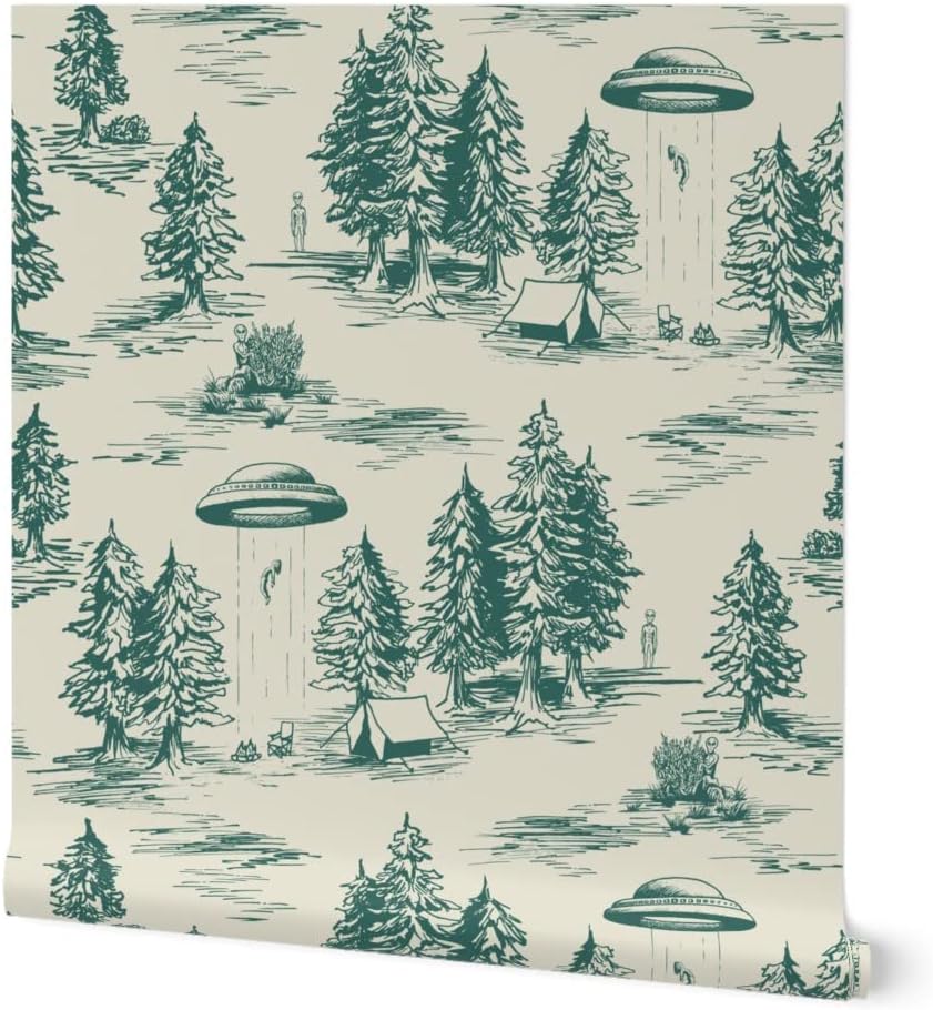 Spoonflower Peel & Stick Wallpaper 9ft x 2ft - UFO Alien Abduction Teal Novelty Funny Toile Large Scale Custom Removable Wallpaper