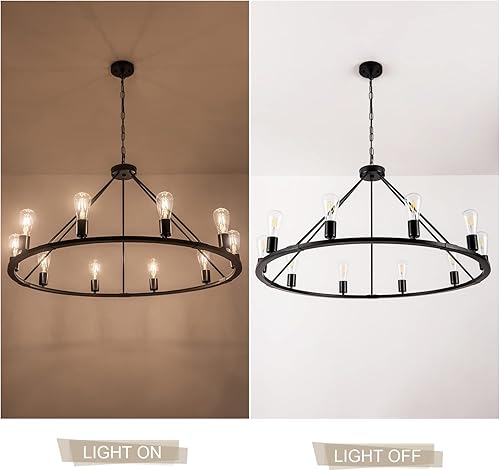 Miniatura 6 de Lámpara de techo grande para comedor, color negro, con 10 luces, para casa de campo, de 39.4 pulgadas, con rueda de carro, rústica, redonda, para