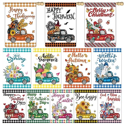 Lot de 12 grands drapeaux de jardin saisonniers à carreaux de buffle double face pour toutes les saisons - Pour printemps, Pâques, Saint-Valentin, Halloween, Noël, vacances, cour, décoration de cour