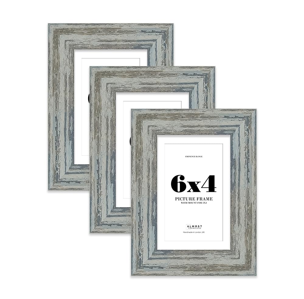 6x4" Distressed Blue Picture Frame with 5x3" Mount - Rustic Photo Frame with Distressed Finish, Wall Hooks and Kickstand, 32mm Edge - 3 Pack