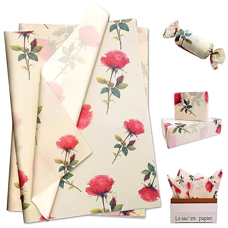 Rose Floral Tissue Paper Tissue printed tissue paper 60 Sheets 20x14in uitable for Birthdays Thanksgiving Halloween Christmas and Other Holidays and Party Gift Packaging.