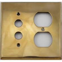 Unlacquered Polished Brass 2 Gang Combination Switch Plate - 1 Push Button Light Switch Opening 1 Duplex Outlet Opening