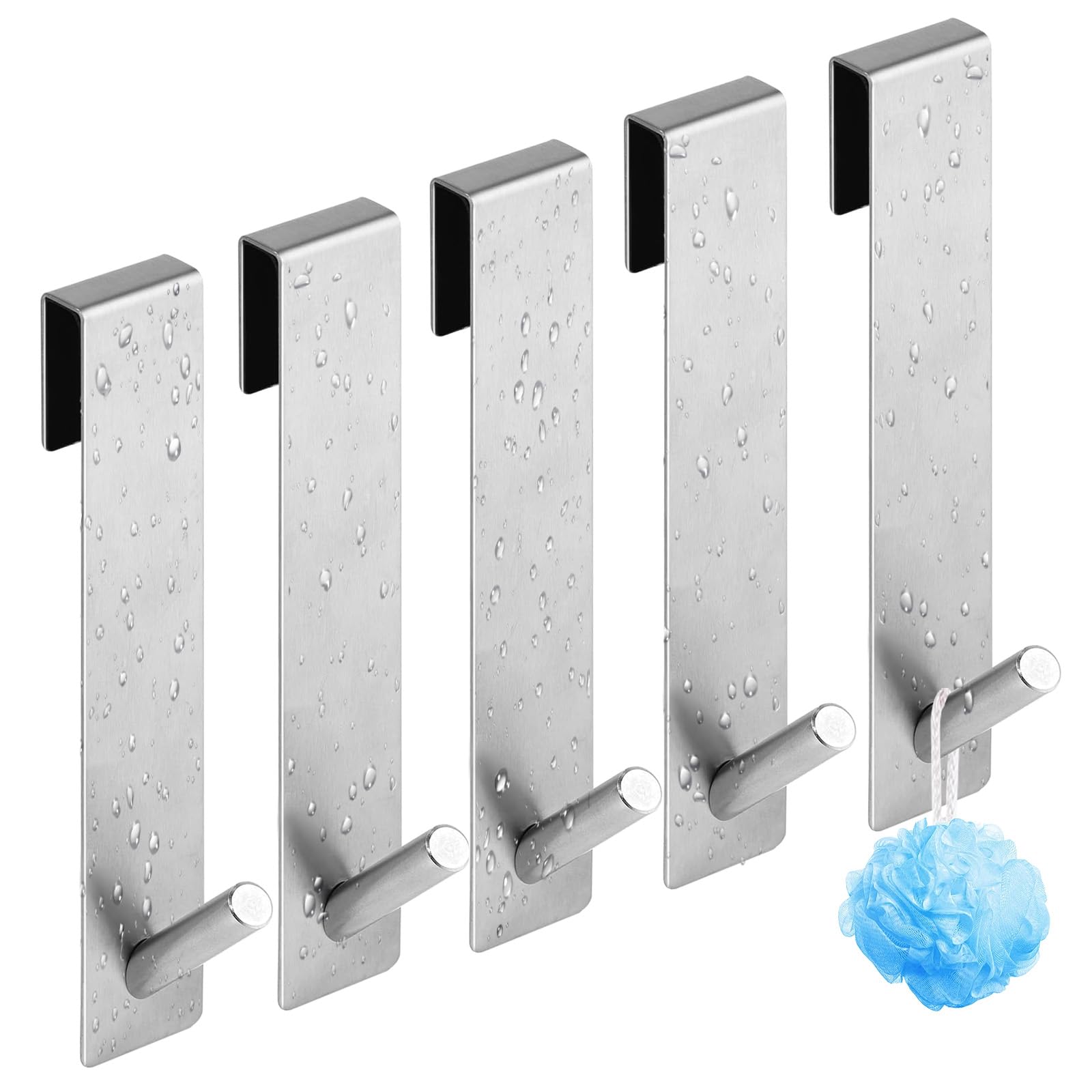 Sqxaldm 5 Piezas Gancho de Ducha 13.5cm Plateado Acero Inoxidable, Sin Taladrar con Respaldo Protector, Resistente Versátil para 10 mm Mampara/Puerta de Cristal de Ducha, Baño Dormitorio Cocina