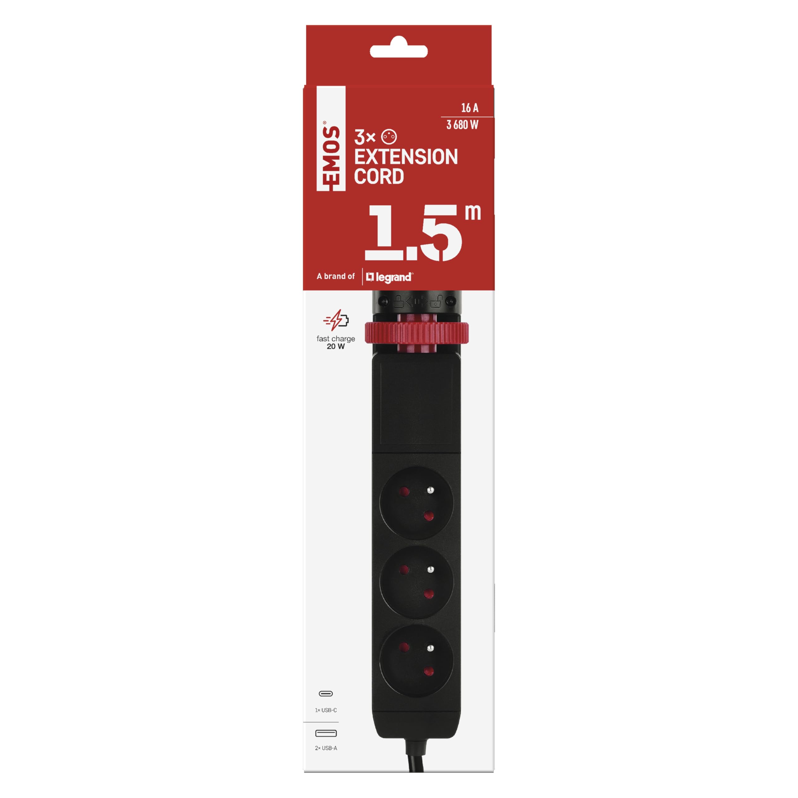 EMOS - Ciabatta elettrica verticale a 3 prese con USB, cavo da 1,5 m, standard francese